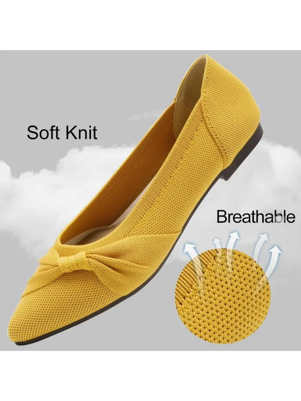 Women's Yellow Knit Comfortable Ballet Flat Pointed Toe Lightweight Casual Shoes